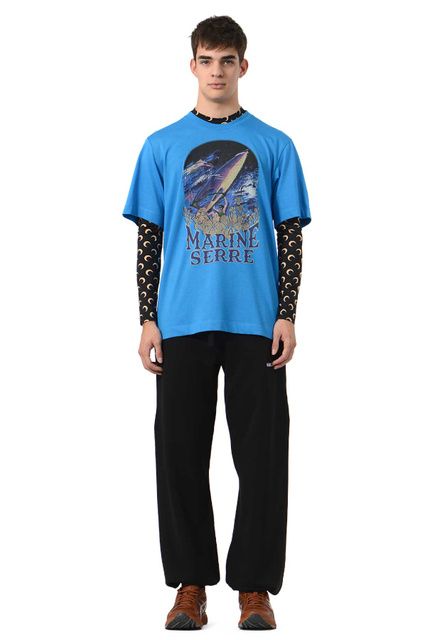 MARINE SERRE Organic Cotton Crewneck Print T-shirt Blue - Wrong