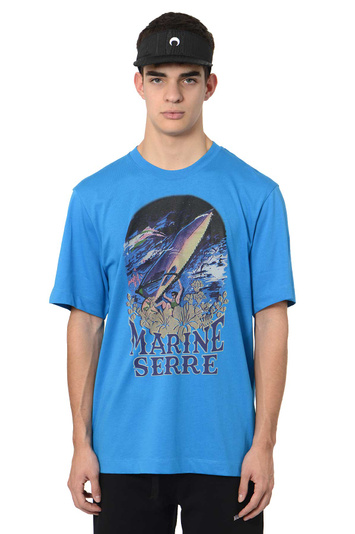 MARINE SERRE Organic Cotton Crewneck Print T-shirt Blue