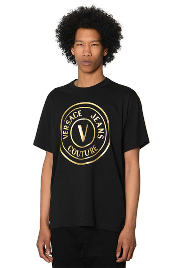 VERSACE JEANS COUTURE Goldene Folie V-Emblem T-Shirt Schwarz