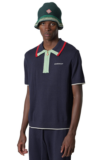 CASABLANCA Navy Merino Short-Sleeve Polo Shirt . Men . XL