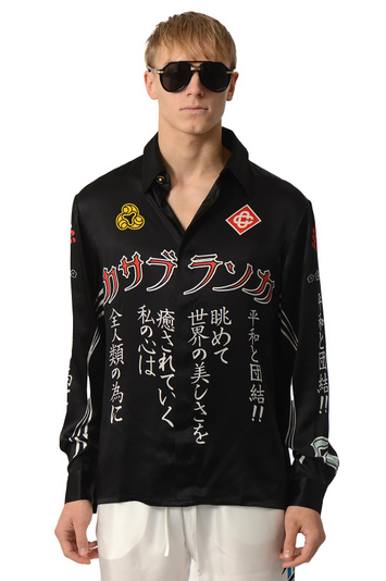 CASABLANCA Emblem Long Sleeve Silk Satin Shirt