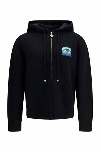 CASABLANCA Palm Tree Merino Wool Zip Hoodie Black . Men . M