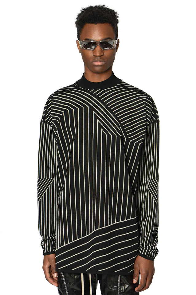 RICK OWENS Jacquard Stripes Tommy Knit Sweater Black/Pearl - Wrong