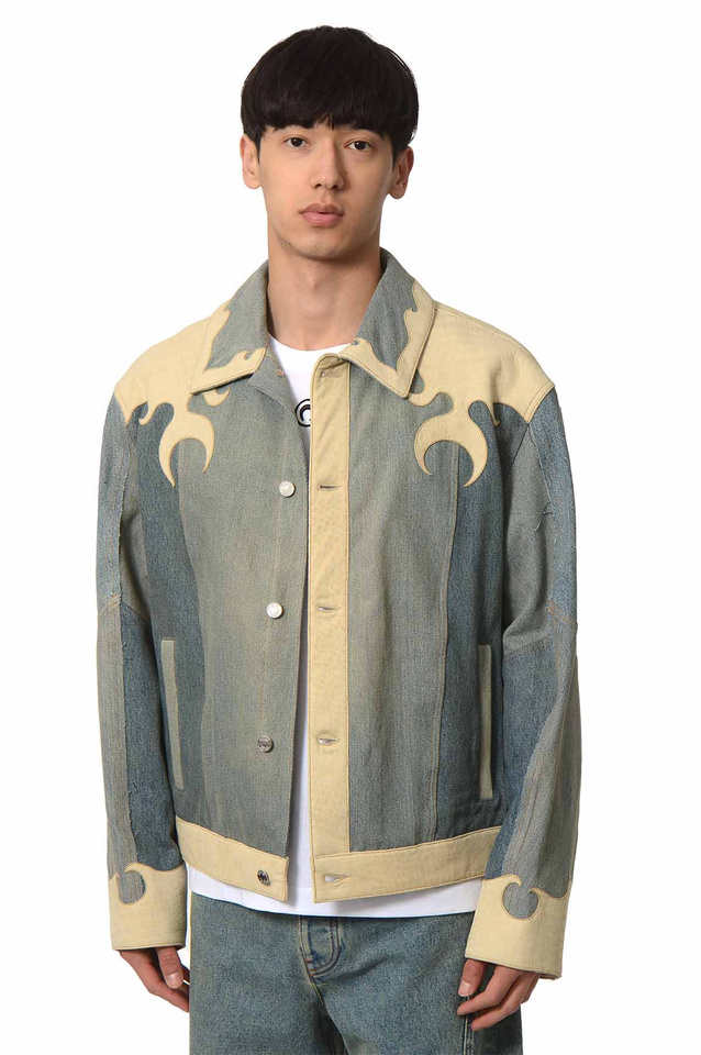 MARINE SERRE Regenerated Denim Crocodile Leather Workwear Jacket