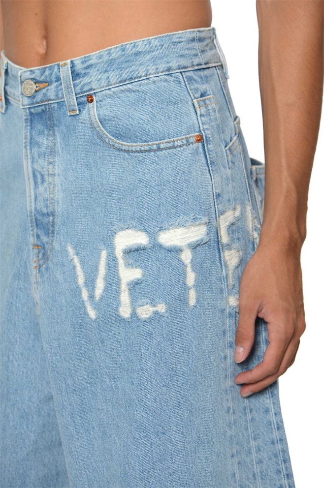 VETEMENTS Logo Destroyed Baggy Jeans Light Blue - Wrong Weather