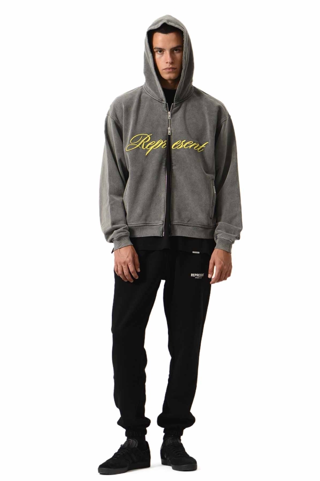 【関税込み】Represent グレー Script ロゴ ジップフーディ REPRESENT スクリプトロゴ ジップパーカー グレー - Wrong Weather