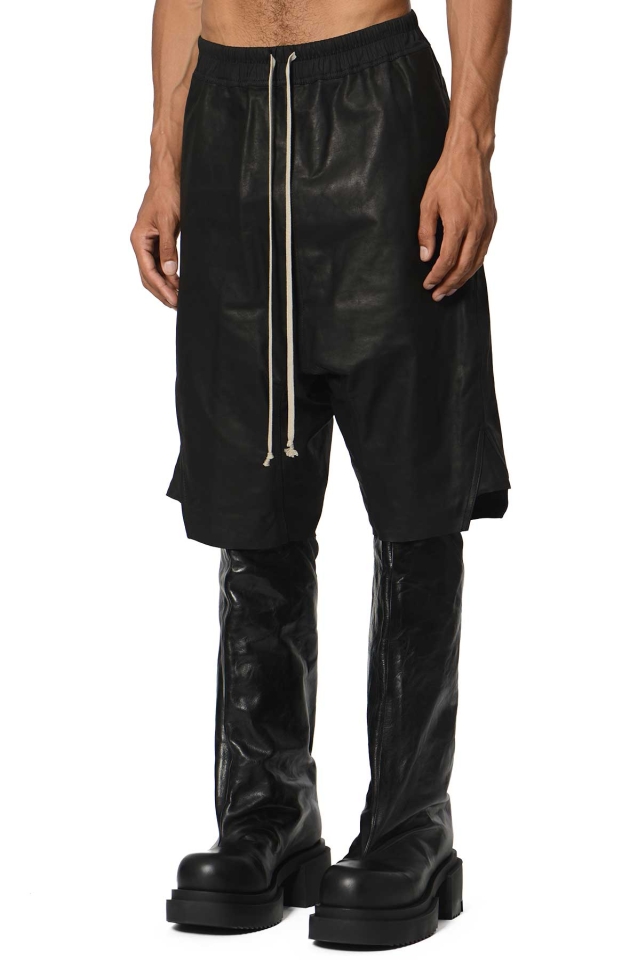 RICK OWENS Basket Swingers Leather Pods Shorts Black - Wrong Weather